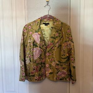 Y2K ECI 100% Silk Lime Green Floral Blazer Pink Buttons Size 12